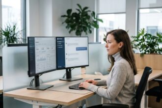 Femme professionnelle travaillant sur un espace de travail dopé à l'IA avec double écran et interface intelligente dans un bureau moderne
