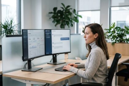 Femme professionnelle travaillant sur un espace de travail dopé à l'IA avec double écran et interface intelligente dans un bureau moderne