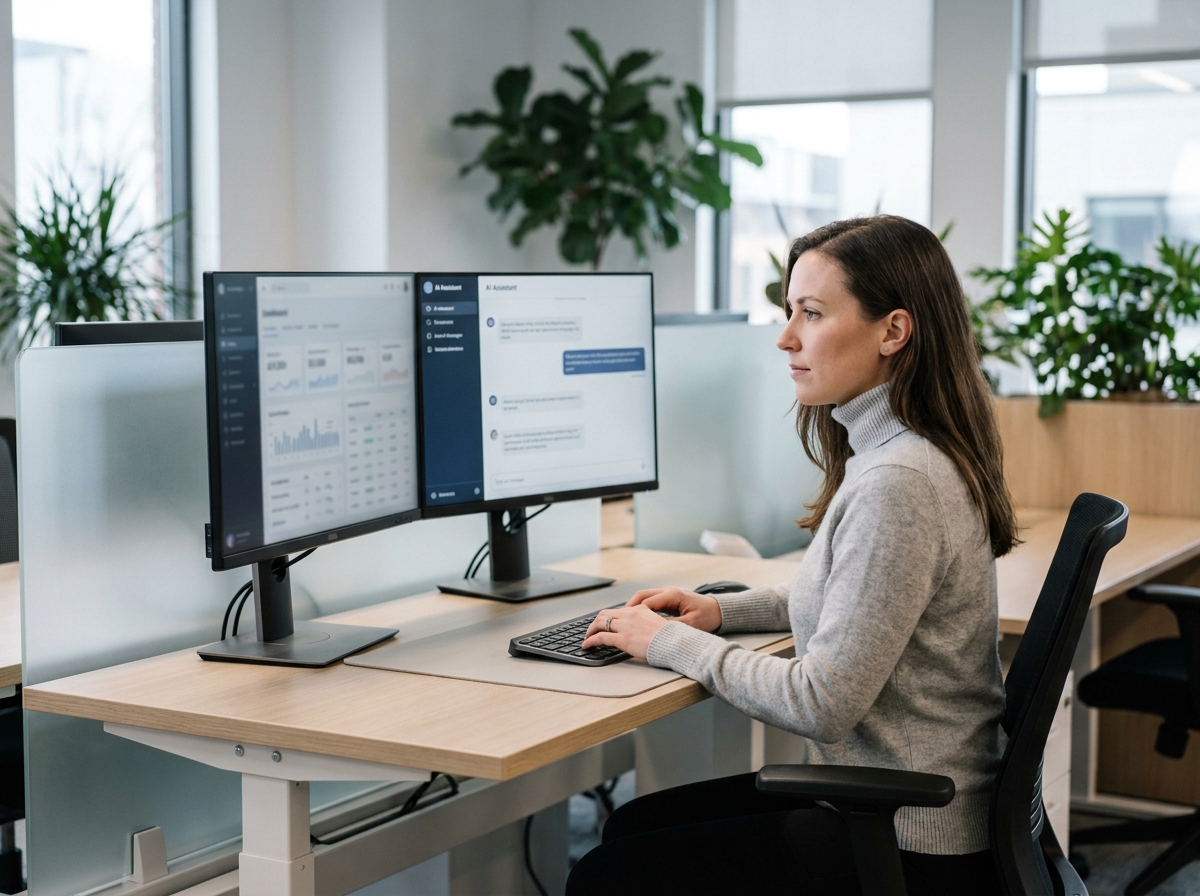 Femme professionnelle travaillant sur un espace de travail dopé à l'IA avec double écran et interface intelligente dans un bureau moderne