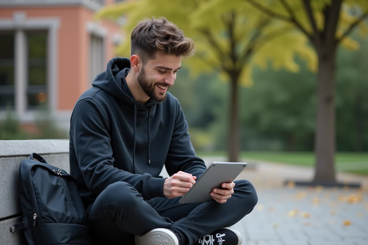 Étudiant se connectant au webmail ac-grenoble Convergence sur une tablette en extérieur sur le campus