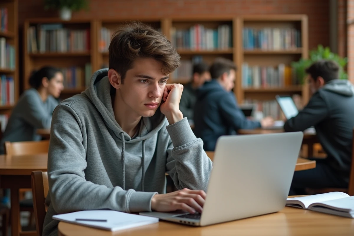 Étudiant universitaire reconnaissant un email de phishing sur son ordinateur portable dans une bibliothèque