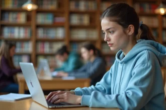 Étudiante configurant un compte webmail universitaire sur un ordinateur portable dans une bibliothèque universitaire