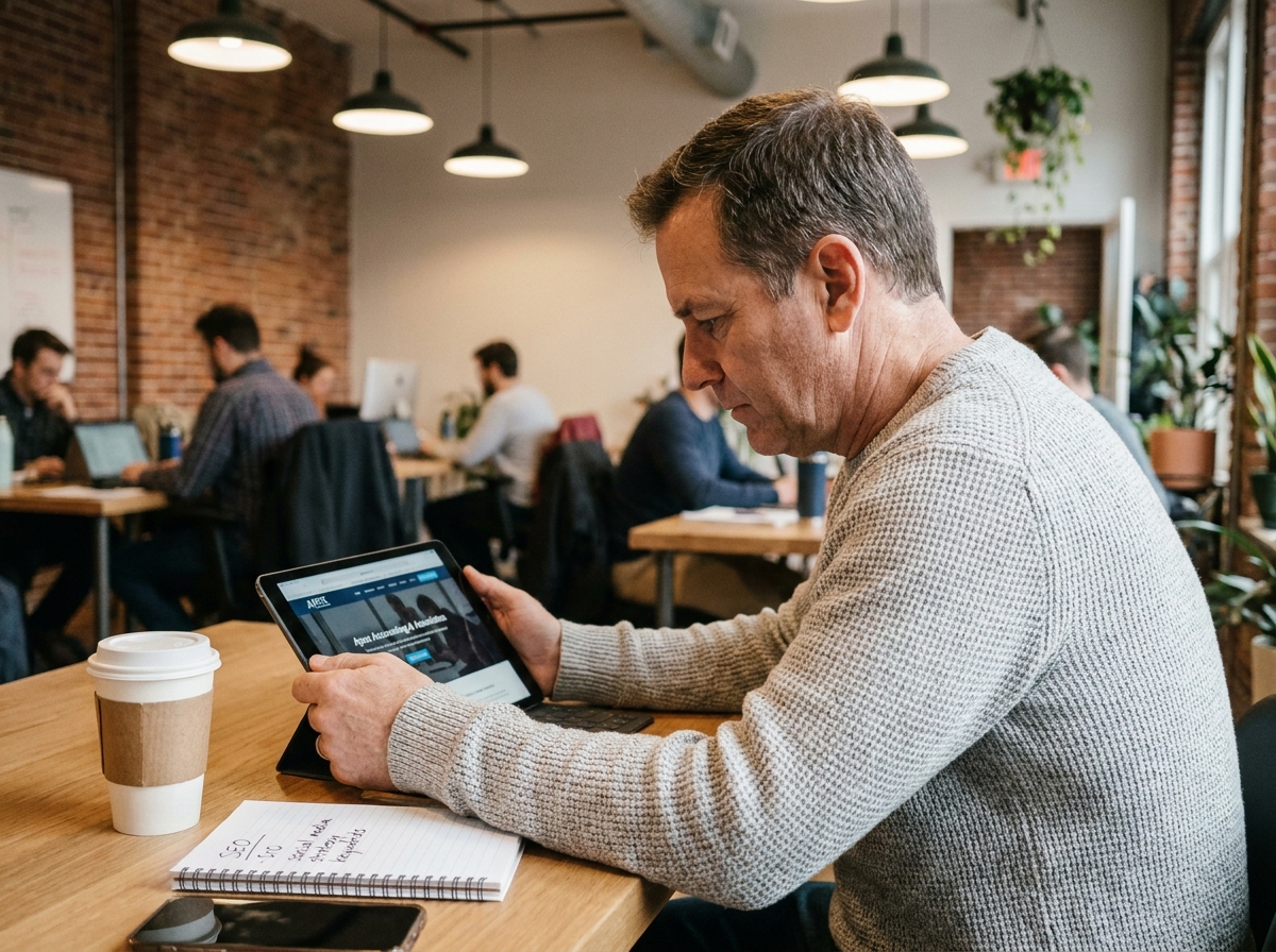 Expert-comptable consultant un site web professionnel sur tablette dans un espace de coworking
