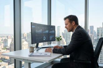 Expert-comptable analysant une stratégie digitale sur un écran d'ordinateur dans un bureau moderne