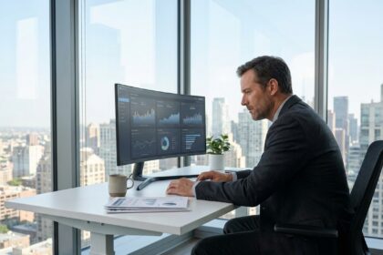 Expert-comptable analysant une stratégie digitale sur un écran d'ordinateur dans un bureau moderne