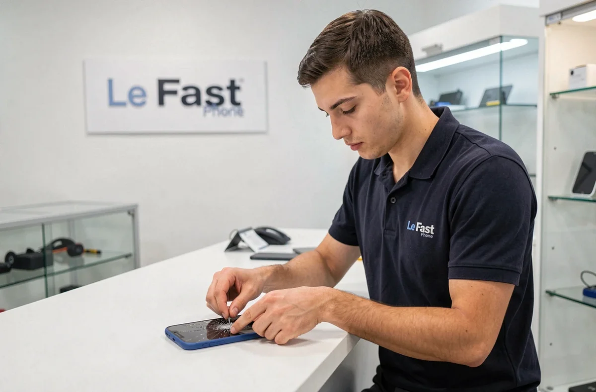 Technicien du Fast Phone remplaçant l'écran d'un smartphone dans sa boutique de réparation