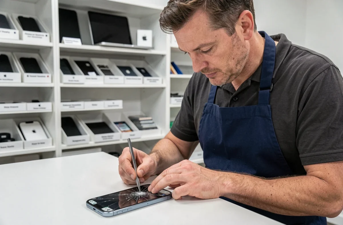 Technicien certifié remplaçant l'écran d'un iPhone dans un atelier de réparation Apple agréé à Montpellier chez Feexo