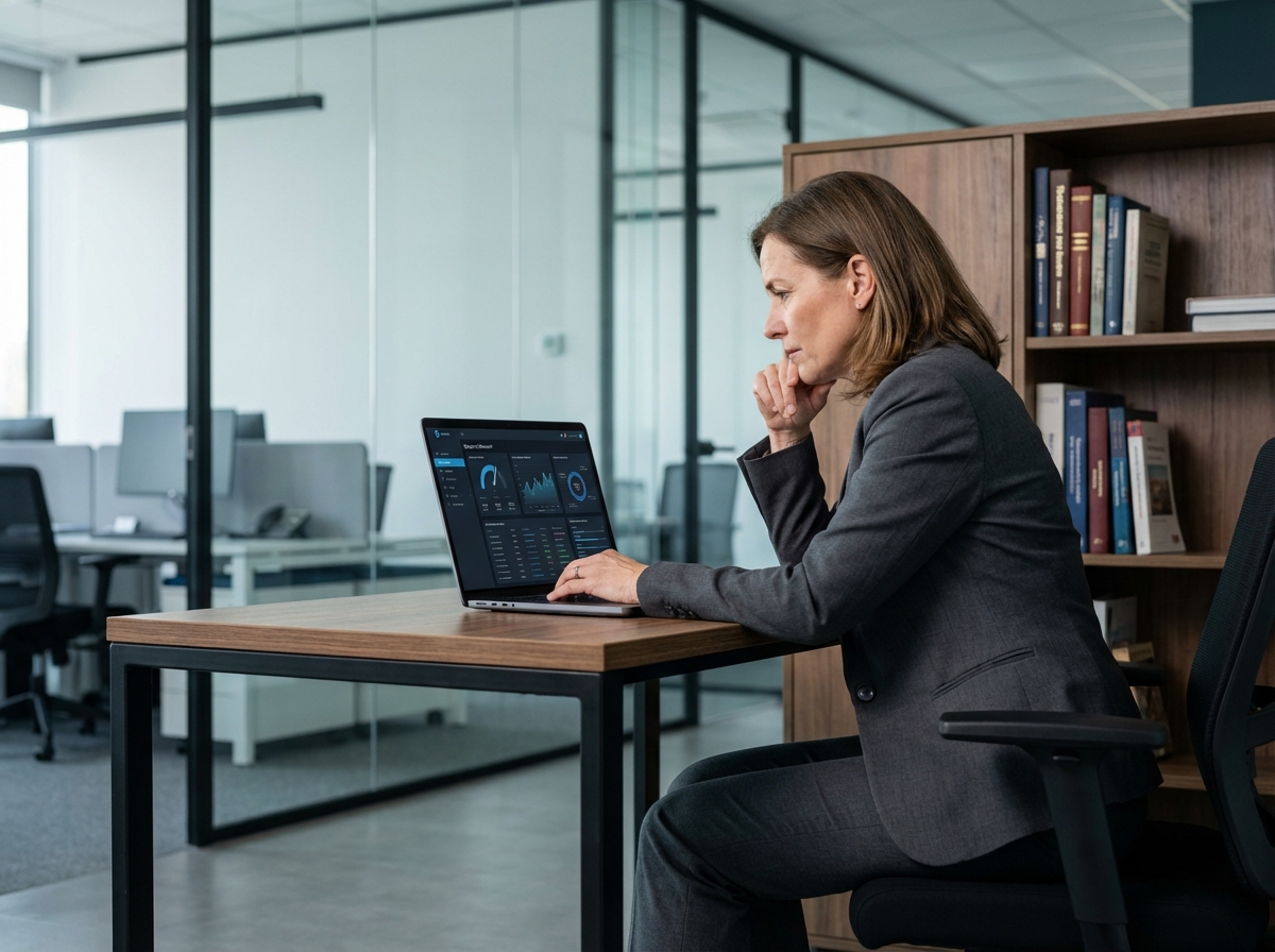 Femme d'affaires en costume vérifiant un tableau de bord digital