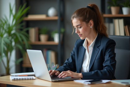 Jeune femme professionnelle analysant un tableau de bord SEO