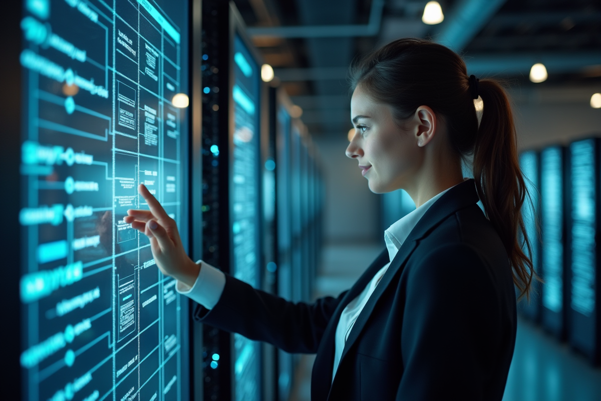 Jeune femme analysant diagrammes de flux de donnees