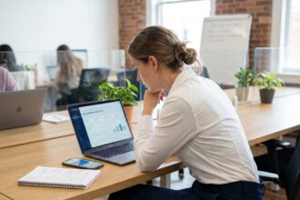 Jeune femme analysant SMS marketing au bureau