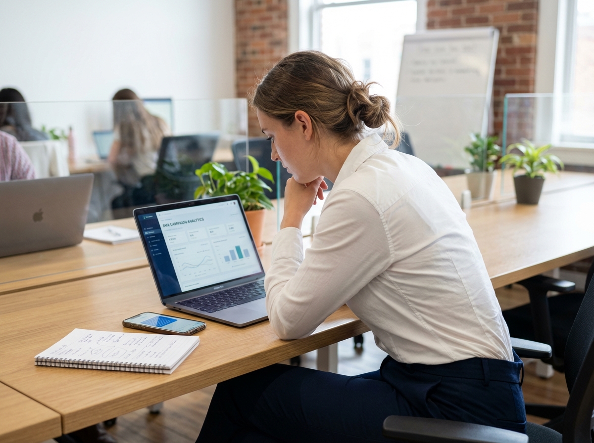 Jeune femme analysant SMS marketing au bureau