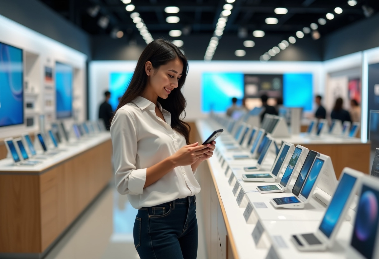 Femme examine un smartphone dans une boutique d’électronique