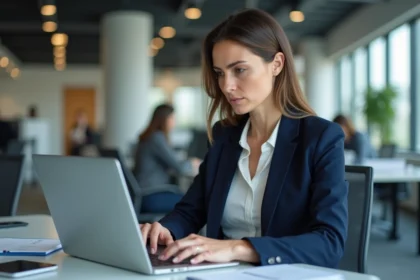 Femme professionnelle au bureau consultant sa boîte email sur un ordinateur portable, illustrant les risques liés aux adresses email temporaires pour les comptes professionnels