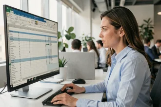 Femme au bureau consultant un tableau Excel avec des lignes et colonnes figées sur grand écran