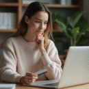 Jeune femme au bureau avec laptop et carte d'identite