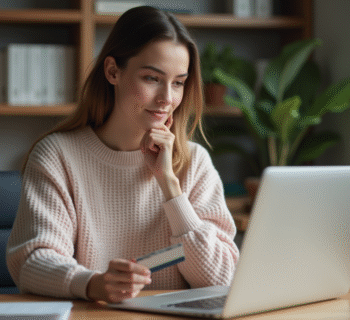 Jeune femme au bureau avec laptop et carte d'identite
