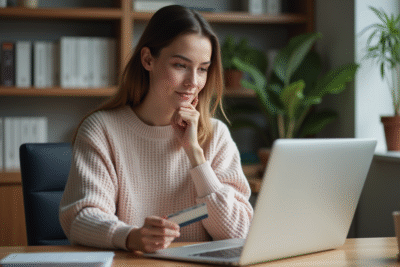 Jeune femme au bureau avec laptop et carte d'identite