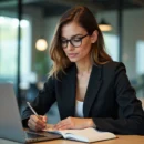 Femme en blazer prenant des notes dans un bureau moderne