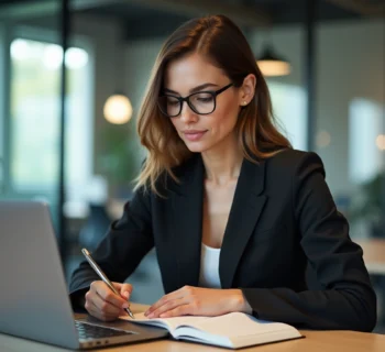 Femme en blazer prenant des notes dans un bureau moderne