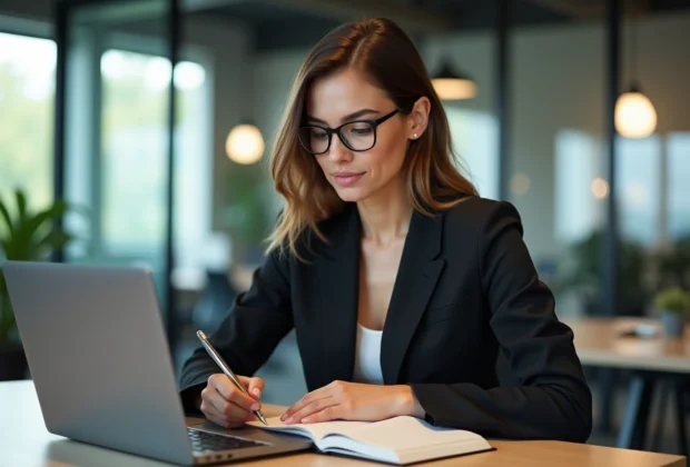 Femme en blazer prenant des notes dans un bureau moderne