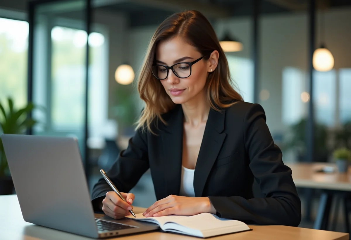 Femme en blazer prenant des notes dans un bureau moderne