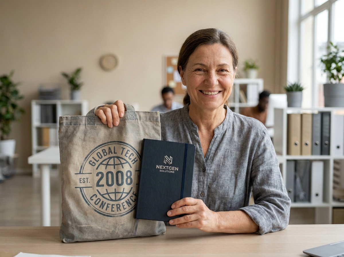 Femme souriante tenant un sac publicitaire ancien et un carnet promotionnel moderne dans un bureau contemporain, symbolisant la durabilité des objets publicitaires