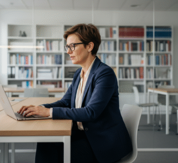 Femme française au bureau travaillant sur son ordinateur
