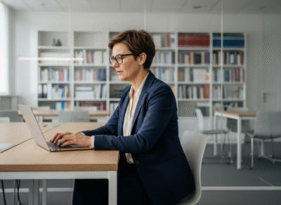 Femme française au bureau travaillant sur son ordinateur
