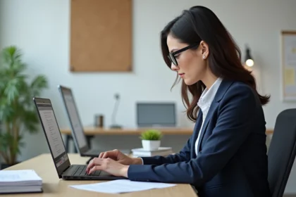 Femme en costume de bureau tapant sur un ordinateur