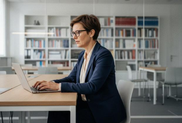 Femme française au bureau travaillant sur son ordinateur