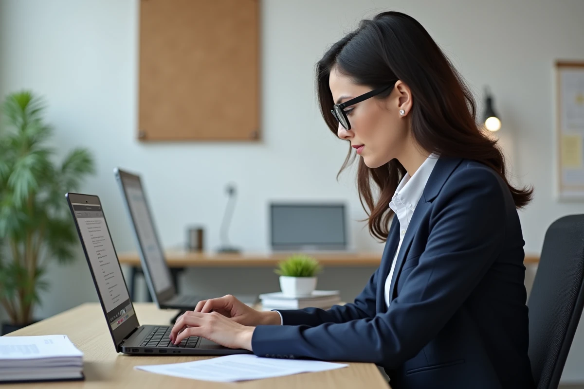 Femme en costume de bureau tapant sur un ordinateur