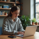 Jeune femme concentrée travaillant sur son ordinateur dans un bureau moderne