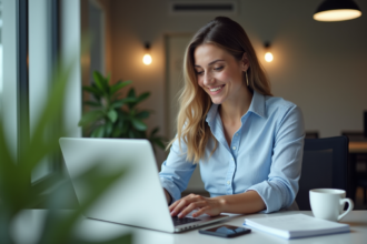 Femme professionnelle concentrée sur son ordinateur au bureau