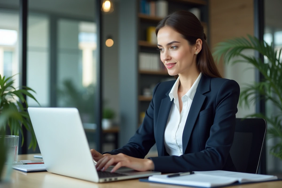 Femme professionnelle au bureau utilisant un ordinateur portable