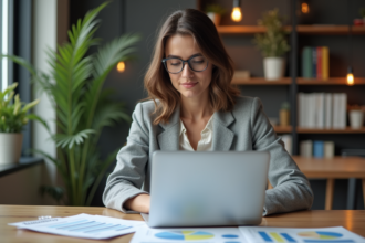 Femme en bureau moderne travaillant sur son ordinateur portable