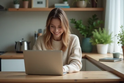 Jeune femme travaillant sur son ordinateur dans une cuisine lumineuse
