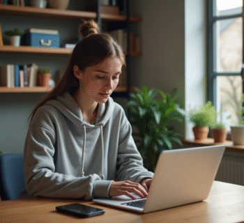 Jeune femme concentrée travaillant sur son ordinateur dans un bureau moderne