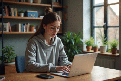 Jeune femme concentrée travaillant sur son ordinateur dans un bureau moderne