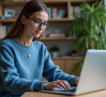 Jeune femme concentrée sur son ordinateur antivirus