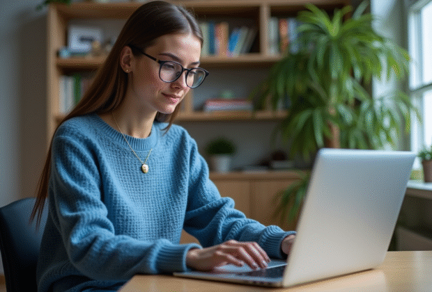 Jeune femme concentrée sur son ordinateur antivirus