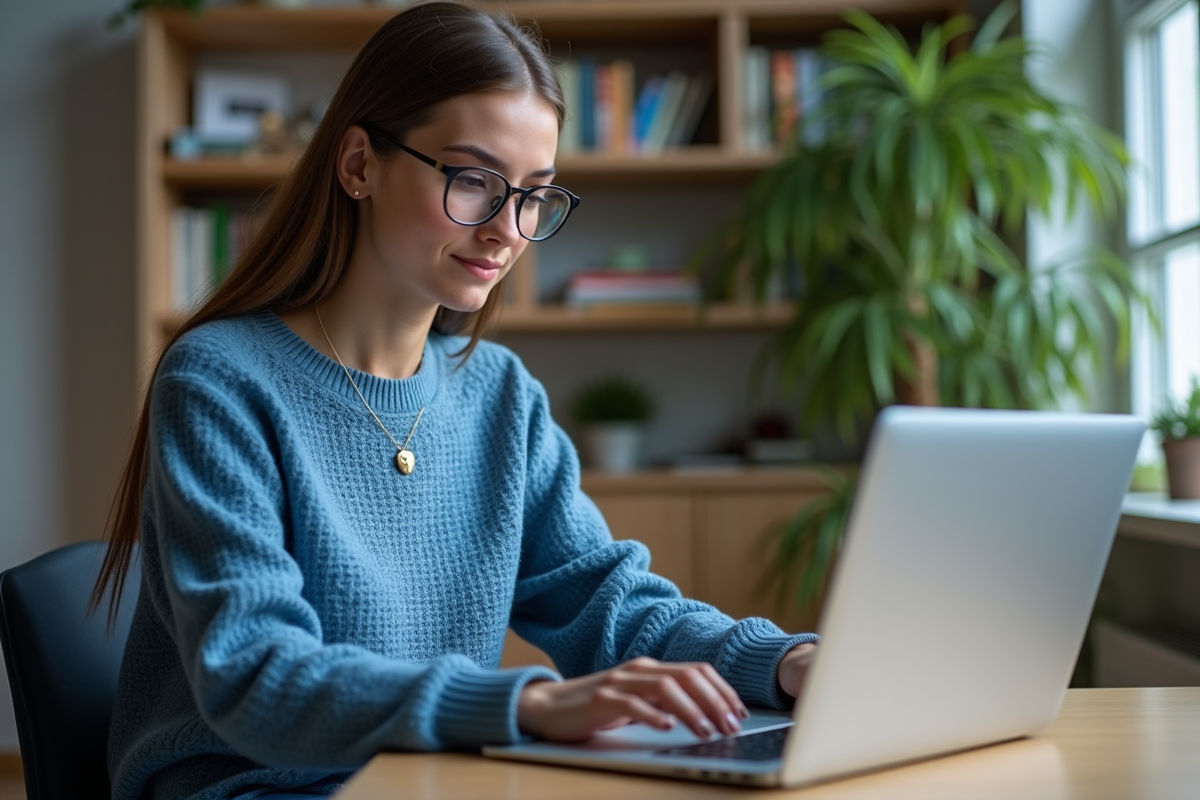 Jeune femme concentrée sur son ordinateur antivirus