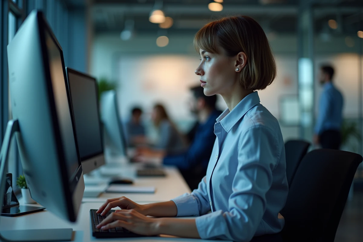 Femme travaillant sur un ordinateur dans un bureau moderne