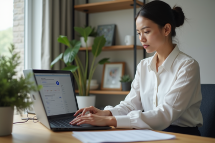 Jeune femme au bureau transférant des documents en PDF