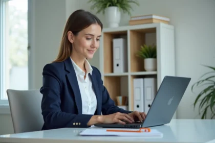 Femme en blazer bleu au bureau avec ordinateur