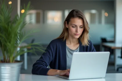 Jeune femme au bureau naviguant sur webconvergence Lyon