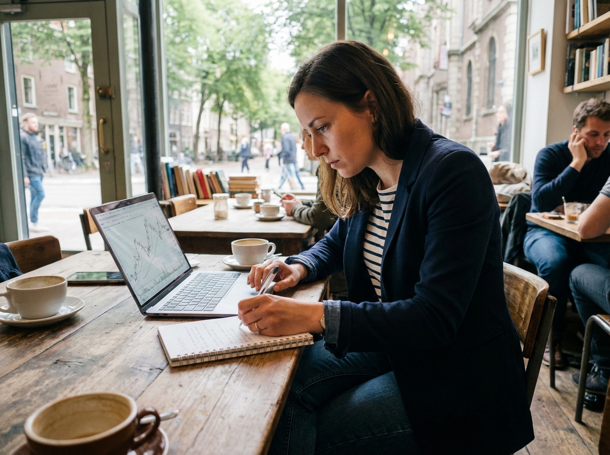 Jeune femme au café analysant des graphiques