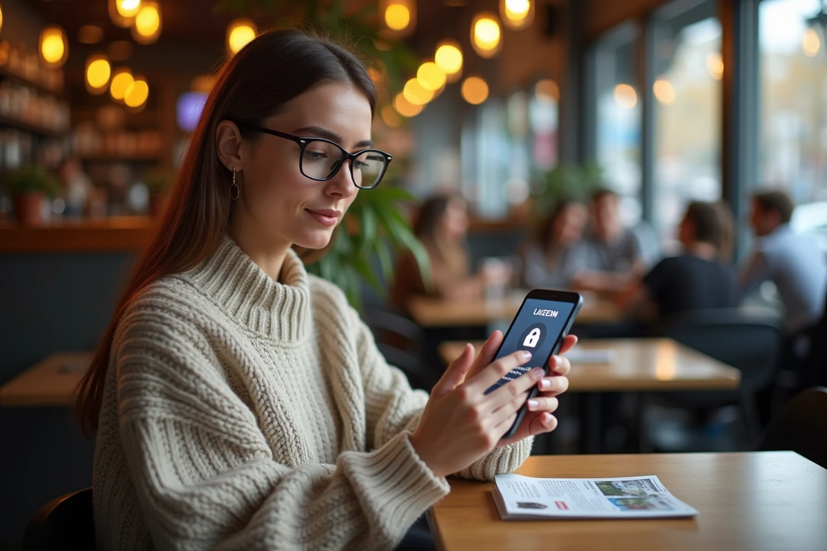 Femme au cafe utilisant un smartphone avec une application VPN