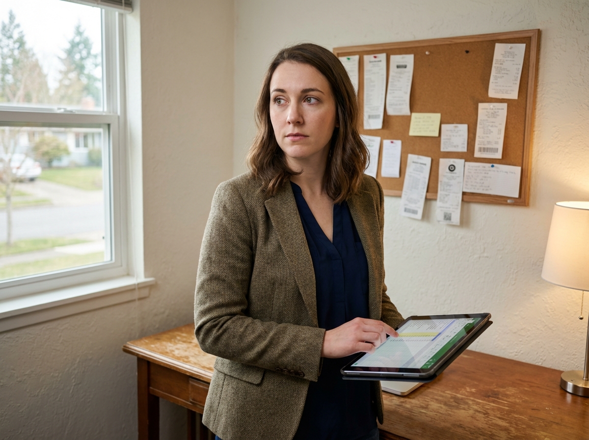 Jeune femme en home office calculant avec une tablette