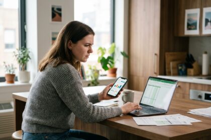 Jeune femme compare offres mobiles avec smartphone et ordinateur